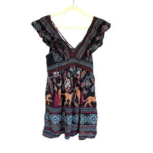 Anthropologie Dress XXS Animal Print Sleeveless‎ Ruffle Mini Dress Tunic Boho